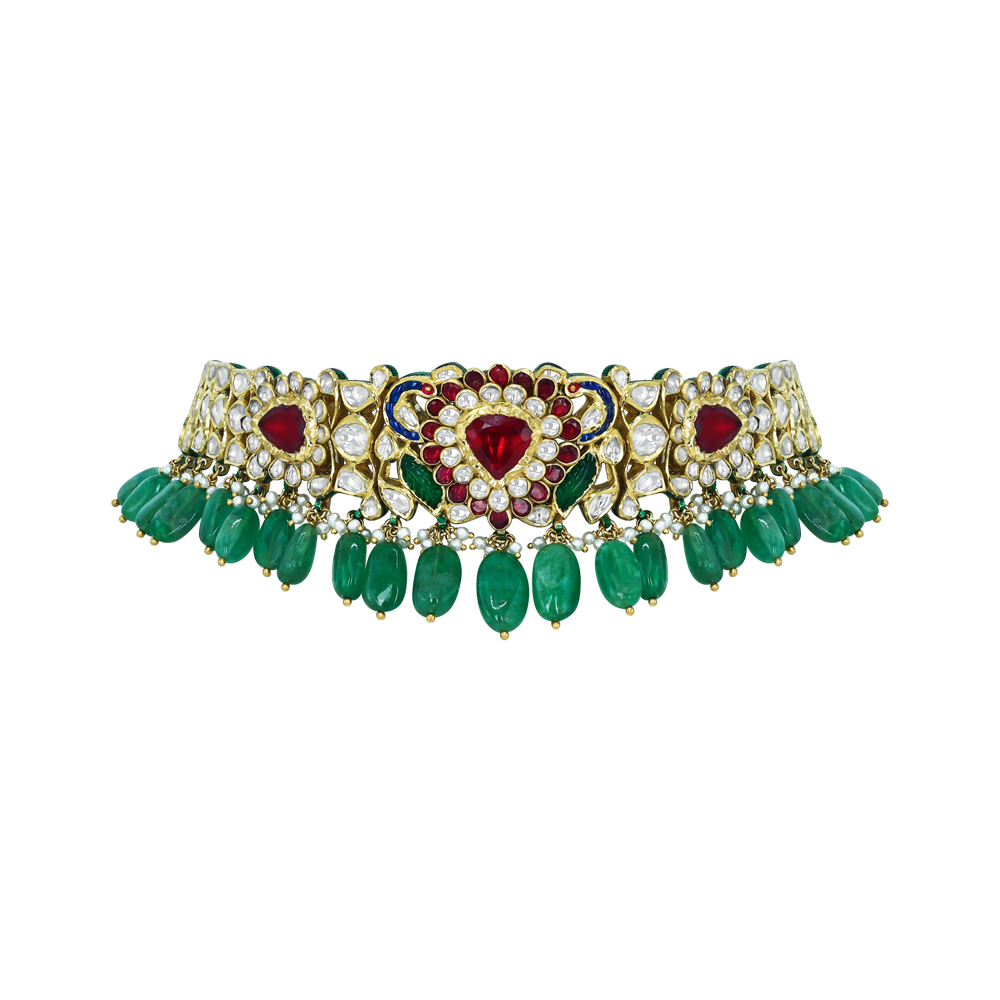 Polki Choker with Emerald Drops and Red Stone Motif